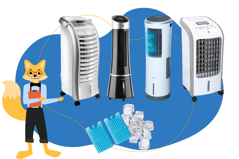 Der Smart Home Fox Experte steht vor 4 Klimaanlagen und Luftkühlern im Test und Vergleich.
